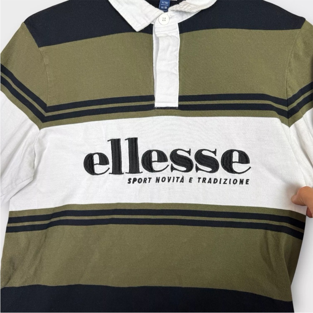 Ellesse Long Sleeve Rugby Polo Shirt Mens Medium Green Blue Striped Sport Wear - Picture 3 of 12